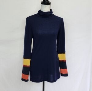 NWOT Raw Edge Navy Blue Fleece Blend Turtle Neck Long Sleeve Top